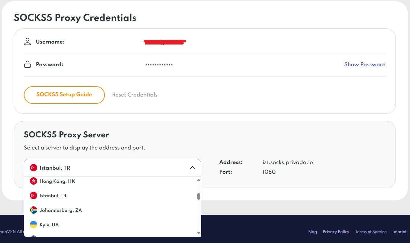 PrivadoVPN SOCKS5 Proxy Server