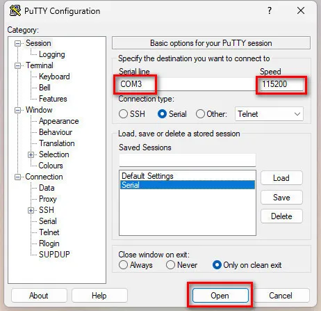 Banana Pi R4 Putty Serial Settings