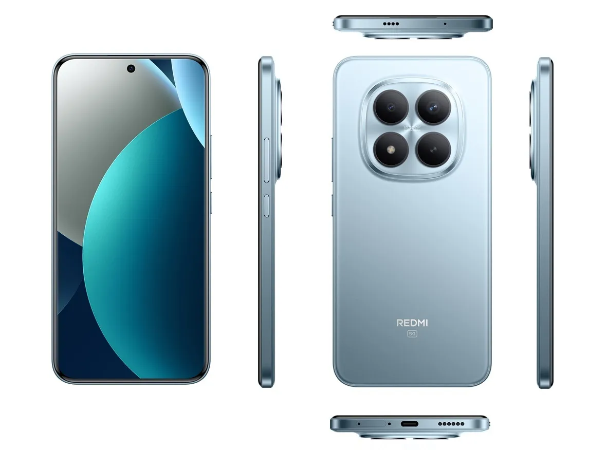 Redmi Note 15 Pro+ 5G in Glacier Blue showing Titan Durability design