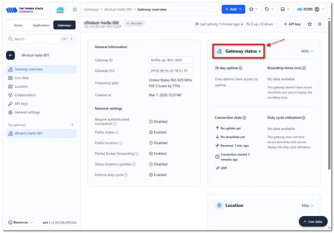 DFRobot LoRaWAN Gateway Status