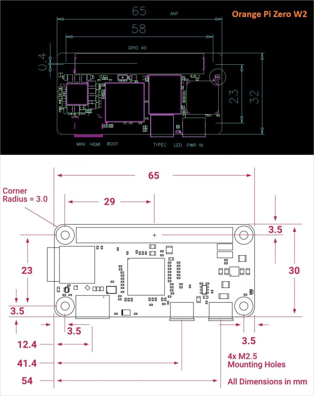 Orange Pi Zero 3W Dimensions