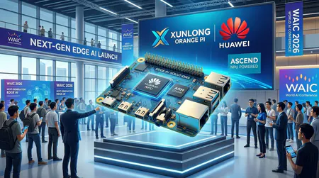 Xunlong Orange Pi single-board computer powered by Huawei Ascend NPU, displayed at WAIC 2026 for next-generation Edge AI.