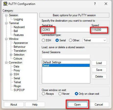 Banana Pi R4 Putty Serial Settings