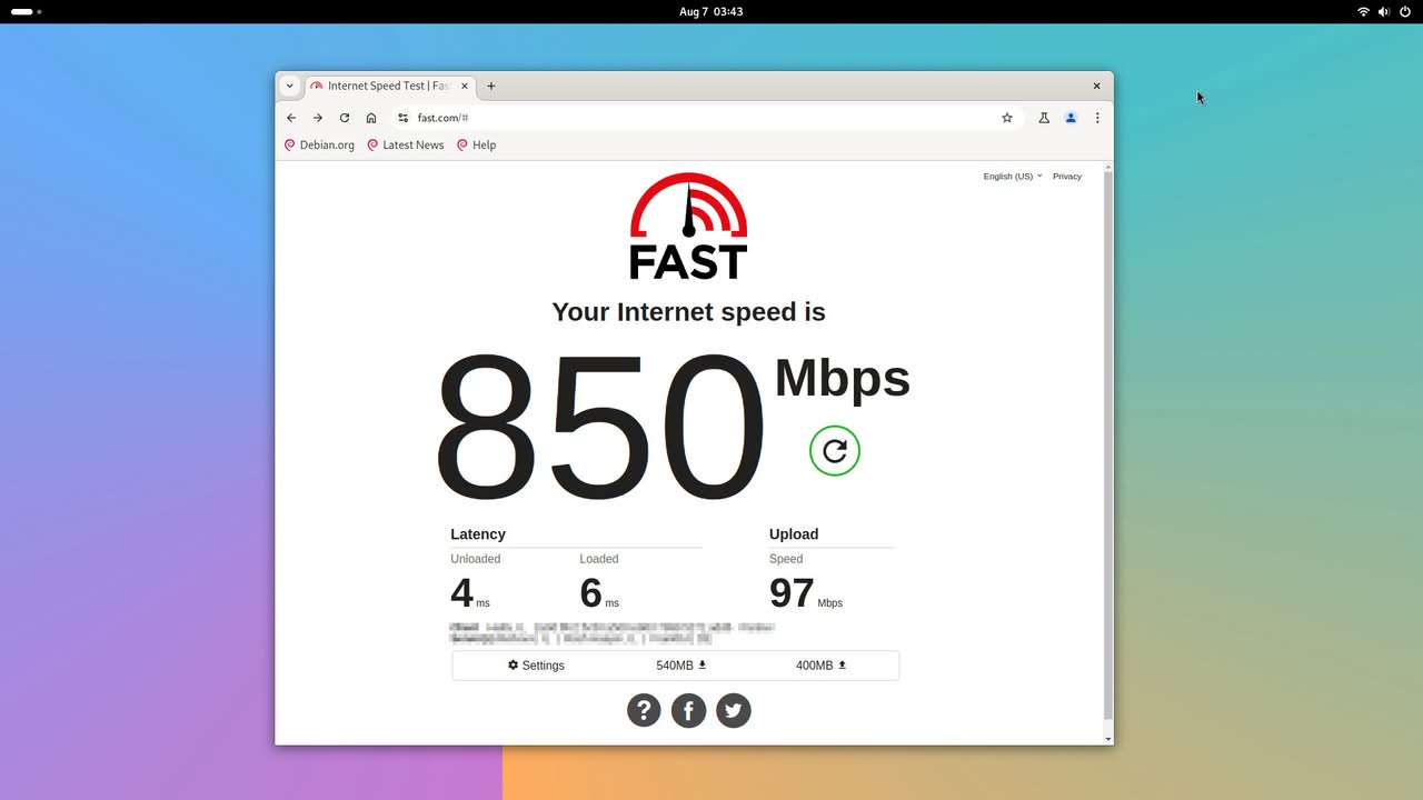Internet speed test results showing 850 Mbps download speed, relevant for evaluating the Orange Pi 6's performance.