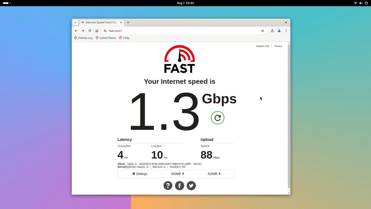 Internet speed test results showing 1.3 Gbps download speed, relevant for evaluating the Orange Pi 6's performance.