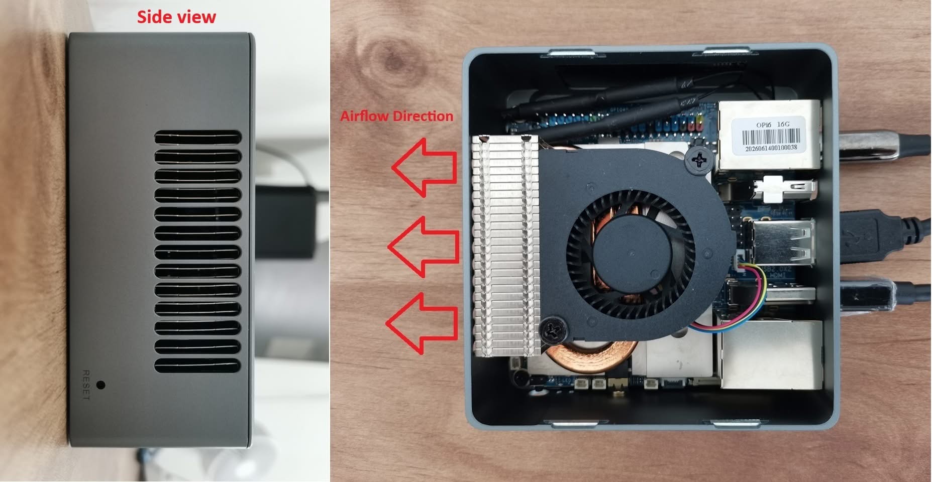 Side view and internal layout of the Orange Pi 6, highlighting airflow direction and cooling components.
