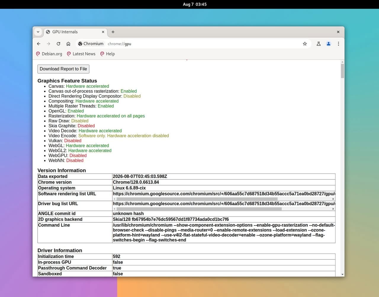 GPU internals report displaying hardware acceleration features and version information for the Orange Pi 6 on a Linux system.