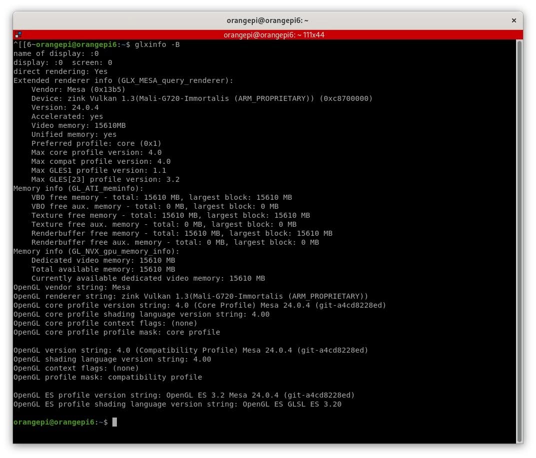 Terminal output displaying system information and graphics capabilities of the Orange Pi 6 single-board computer.