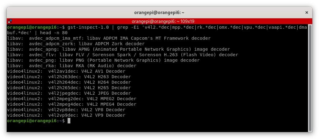 Terminal output displaying various video decoders supported by the Orange Pi 6 for multimedia processing.