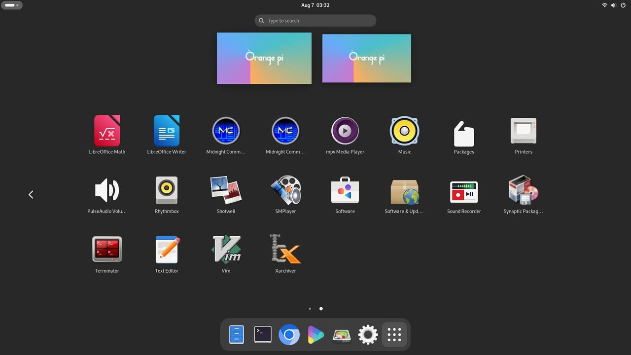 The Orange Pi 6 desktop interface displays various application icons for productivity and media tasks.