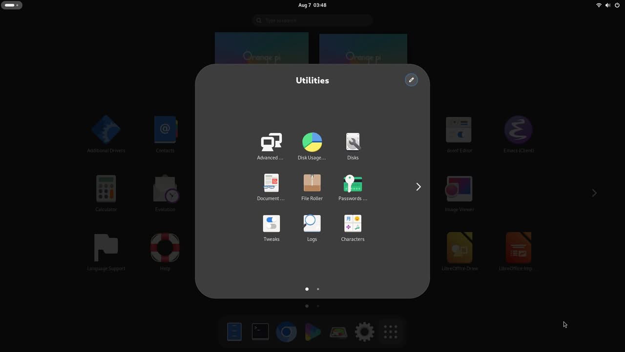 Utilities menu on the Orange Pi 6 desktop, showcasing various system tools and applications for user interaction.