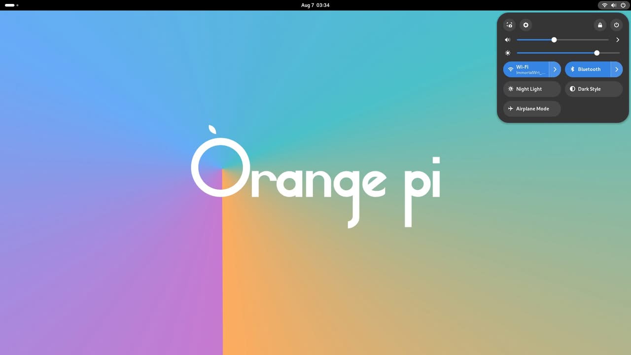 Colorful background featuring the "Orange Pi" logo, highlighting its user interface and connectivity options.