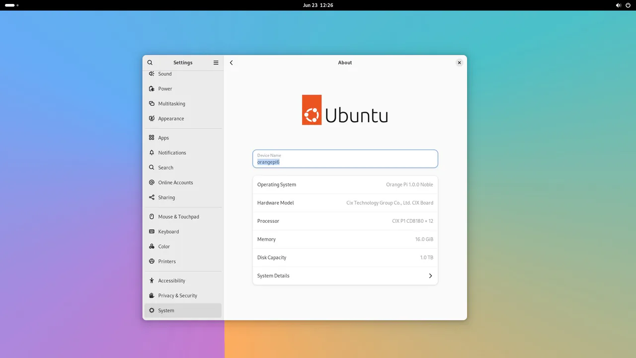 Ubuntu settings screen displaying details for the Orange Pi 6, including device name, OS, processor, and memory specifications.