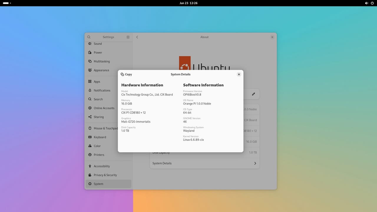 System details of the Orange Pi 6 showing hardware and software specifications on an Ubuntu interface.