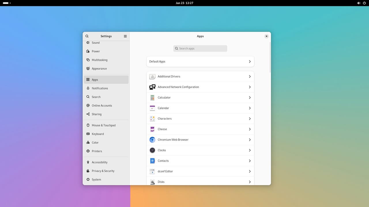Settings menu on the Orange Pi 6 displaying app options and configurations against a gradient background.