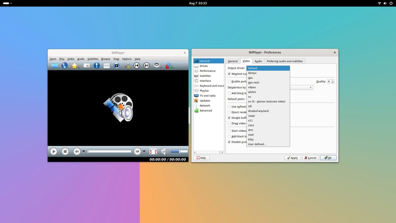 SMPlayer interface displaying video playback options and preferences, showcasing performance on the Orange Pi 6.
