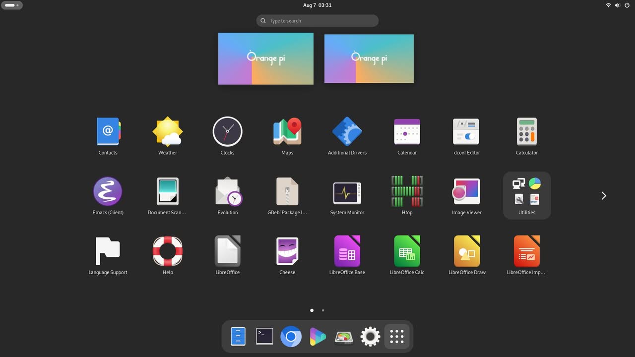 Desktop interface of the Orange Pi 6 showcasing various applications and tools available for users.