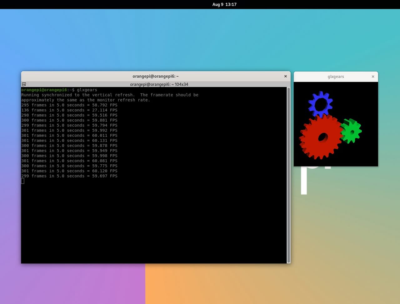 Terminal output displaying frame rates while running glxgears on the Orange Pi 6, showcasing its graphical performance.